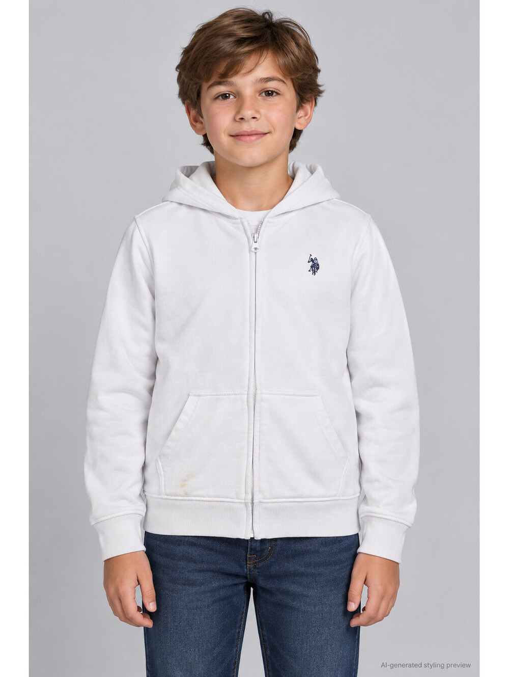 U.S. Polo Assn. Youth LG 10-12 White Full Zip Hoodie Sweatshirt Embroidered Logo